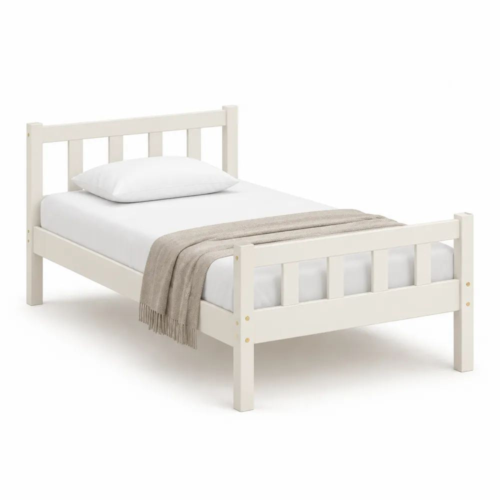 Lit simple en bois blanc cassé, couchage 90 × 190 cm, dimensions 198 × 98 × 82 cm, avec tête et pied de lit