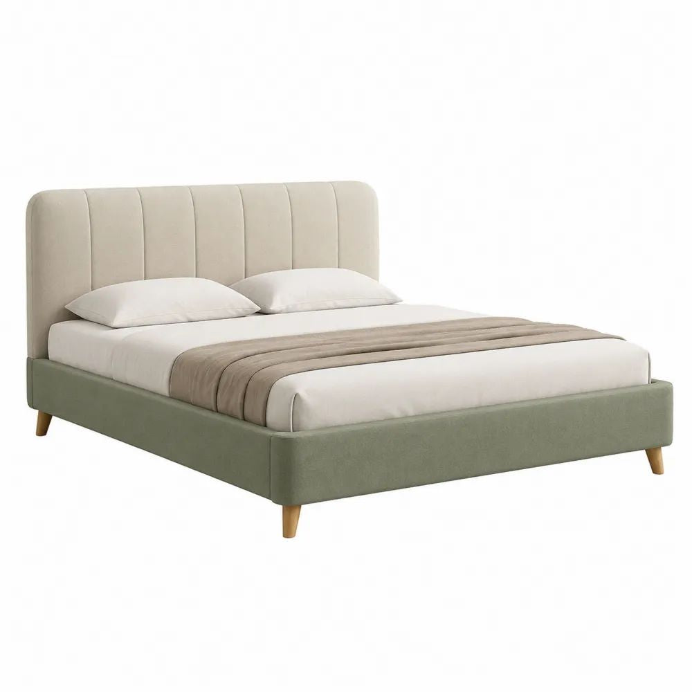 Lit double rembourré 160 × 200 cm en polyester avec sommier à lattes, tête beige et cadre vert sauge