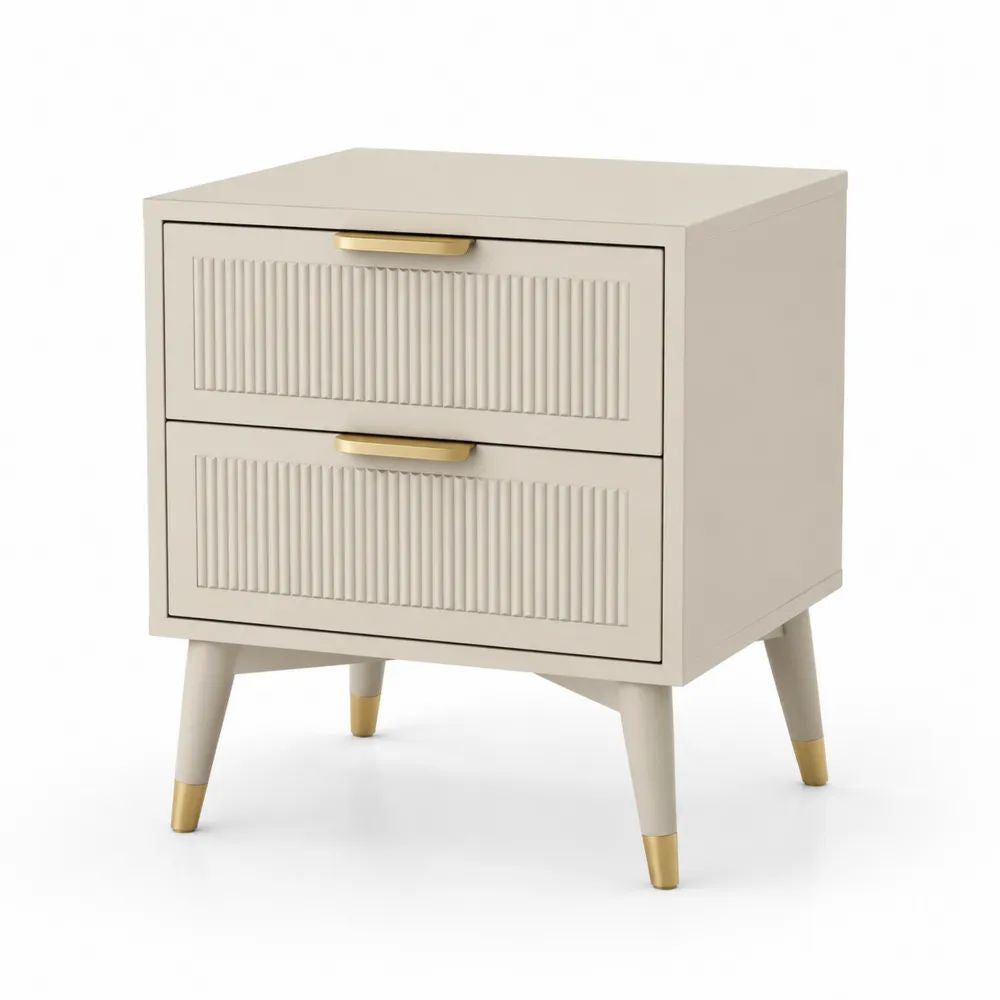 Table de chevet rectangulaire à 2 tiroirs en MDF et bois massif, beige/doré, 48 × 40 × 60 cm
