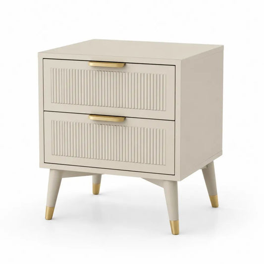Table de chevet rectangulaire à 2 tiroirs en MDF et bois massif, beige/doré, 48 × 40 × 60 cm