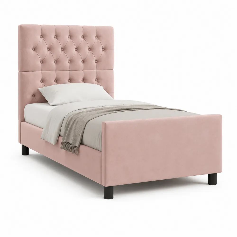 Lit simple 90 x 190 cm en bois et velours rose poudré avec tête de lit capitonnée