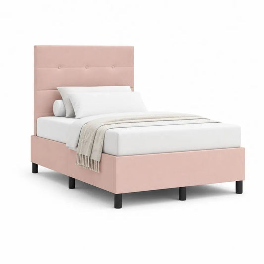 Lit simple rembourré en polyester rose poudré avec tête de lit capitonnée, couchage 90 × 190 cm, dimensions 99 × 203 × 110 cm