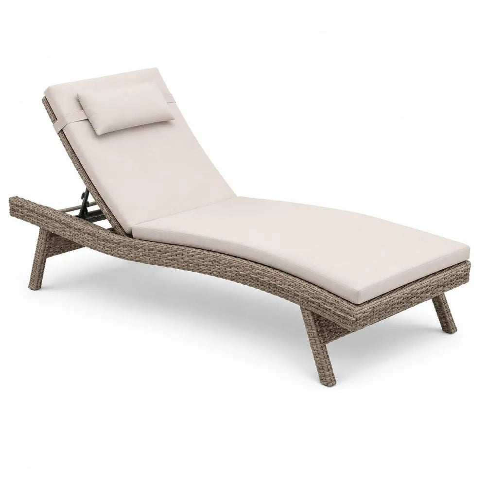 Bain de soleil inclinable en résine tressée et acier avec matelas et appuie-tête beiges, 195 x 65 x 94 cm
