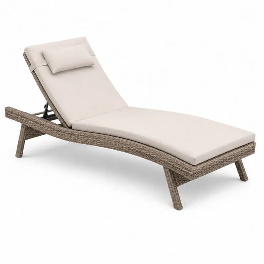 Bain de soleil inclinable en résine tressée et acier avec matelas et appuie-tête beiges, 195 x 65 x 94 cm