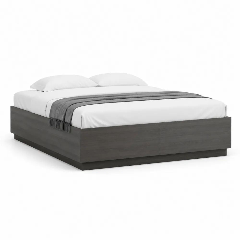 Cadre de lit double en bois gris anthracite avec 2 tiroirs, 166 × 206 × 45 cm, couchage 160 × 200 cm