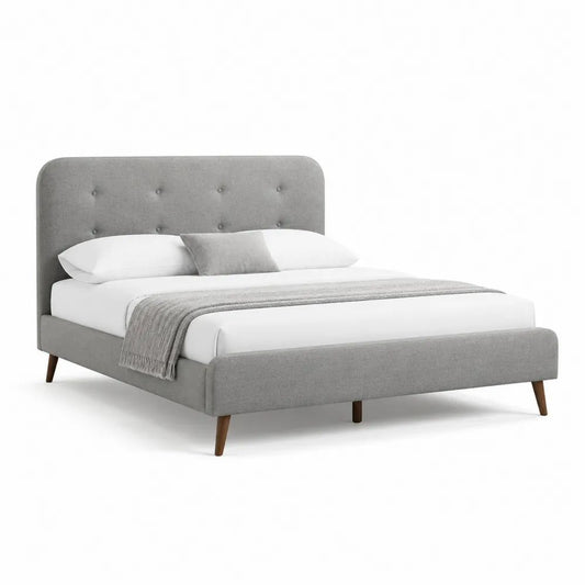 Lit double rembourré 160 × 200 cm en tissu gris clair avec tête de lit capitonnée, sommier à lattes et pieds en bois marron