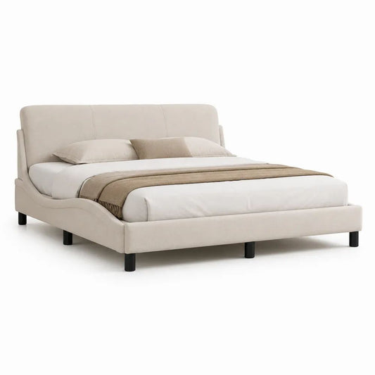 Cadre de lit double rembourré en tissu beige 160 × 200 cm avec tête de lit et sommier à lattes