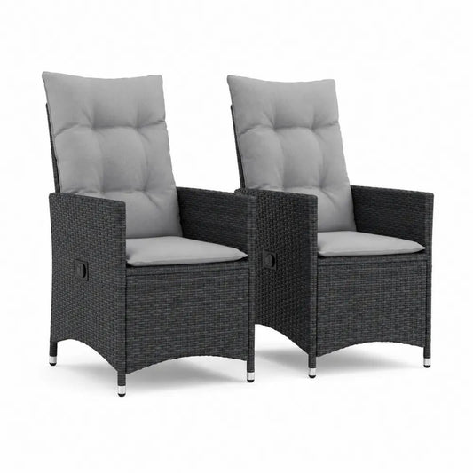 Lot de 2 fauteuils de jardin inclinables en résine tressée noire avec coussins gris clair, 58 × 62 × 108 cm
