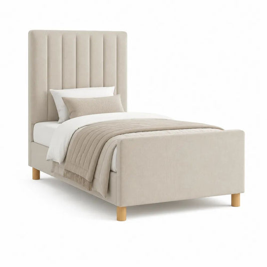 Lit simple rembourré en polyester beige clair avec sommier à lattes, couchage 90 x 190 cm