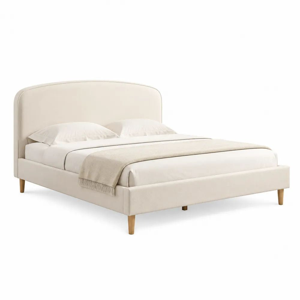 Lit double rembourré en tissu crème avec tête de lit arrondie et pieds en bois, couchage 160 × 200 cm
