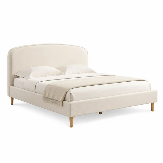Lit double rembourré en tissu crème avec tête de lit arrondie et pieds en bois, couchage 160 × 200 cm