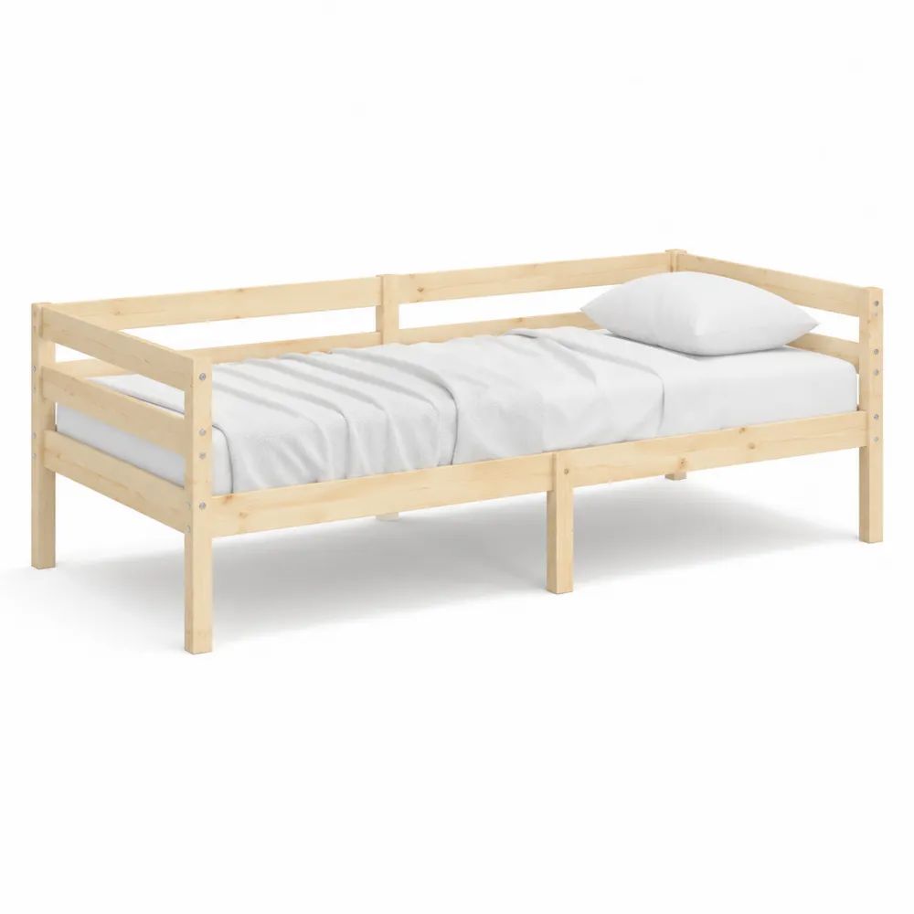 Lit banquette 1 place en bois massif naturel avec sommier à lattes, couchage 90 × 200 cm, dimensions 206 × 96 × 66 cm