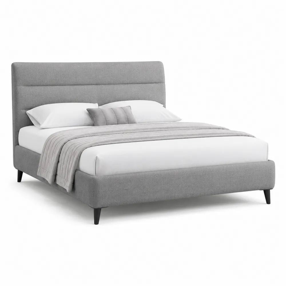 Lit double rembourré gris et noir avec tête de lit, cadre en contreplaqué et revêtement en polyester, couchage 160 × 200 cm, dimensions 171 × 217 × 110 cm