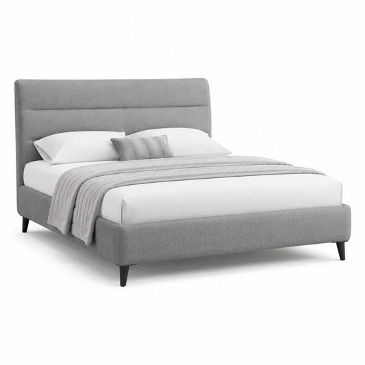 Lit double rembourré gris et noir avec tête de lit, cadre en contreplaqué et revêtement en polyester, couchage 160 × 200 cm, dimensions 171 × 217 × 110 cm