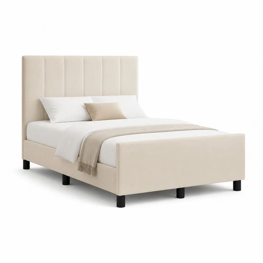 Lit double rectangulaire rembourré en polyester beige 160 × 200 cm avec tête de lit haute et sommier à lattes