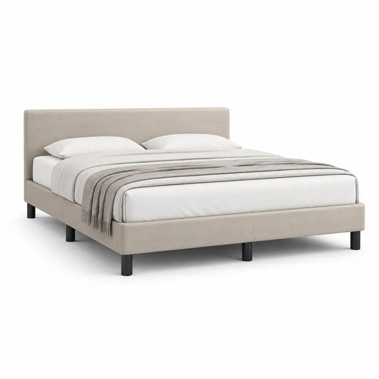 Lit double rembourré en tissu beige avec pieds noirs et sommier à lattes, 215 x 170 x 100 cm, couchage 160 x 200 cm
