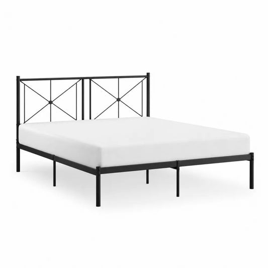 Lit double 140 x 190 cm en métal noir avec sommier à lattes et tête de lit géométrique, 196 x 145 x 88 cm