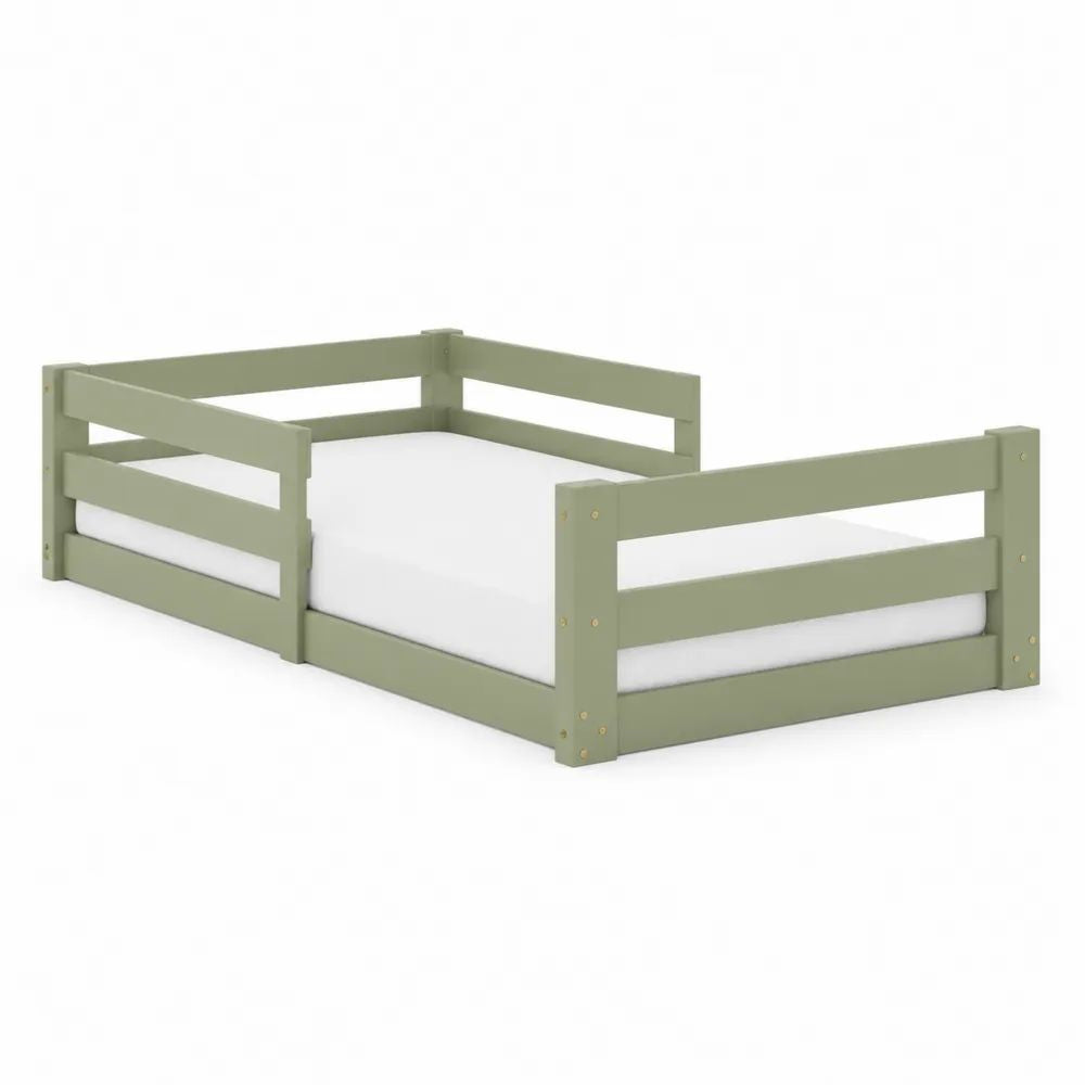 Lit enfant au sol 70 × 140 cm en pin massif avec barrières, vert sauge