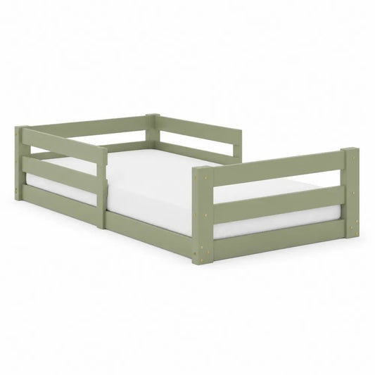 Lit enfant au sol 70 × 140 cm en pin massif avec barrières, vert sauge